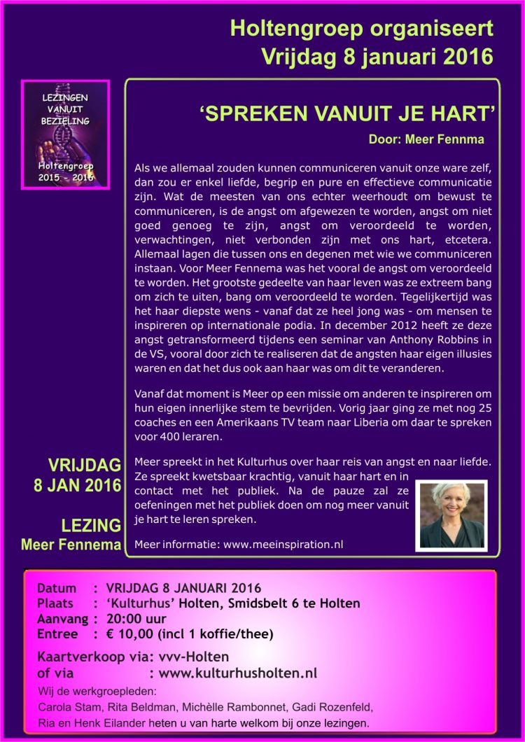 Lezing Holtengroep 'Spreken vanuit je hart' door Meer Fennema kulturhus 
