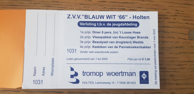 Jaarlijkse verloting Blauw Wit ’66, wederom met grote prijzen. blauwwit 